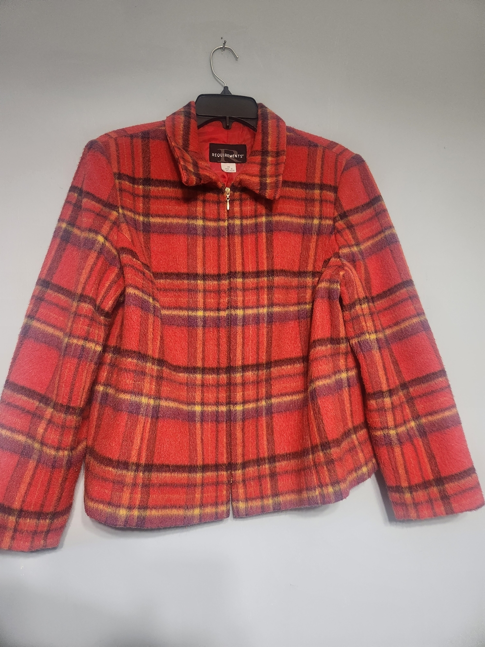 Vintage Requirements Wool Mohair Blend Red Plaid Jacket Size 14. Zip Coat Preppy